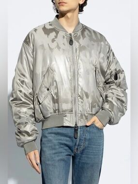 Alexander McQueen Graffiti Silver Bomber Jacket with Tonal Pattern Size 52 IT